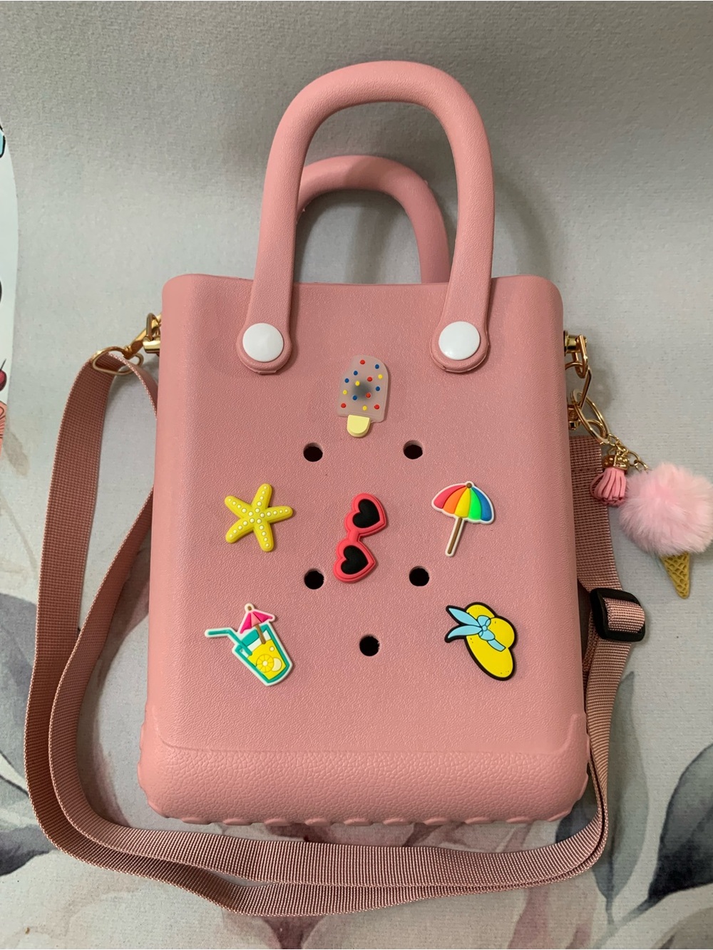 Pink Women's Crossbody Tote Bag with Fun Charms